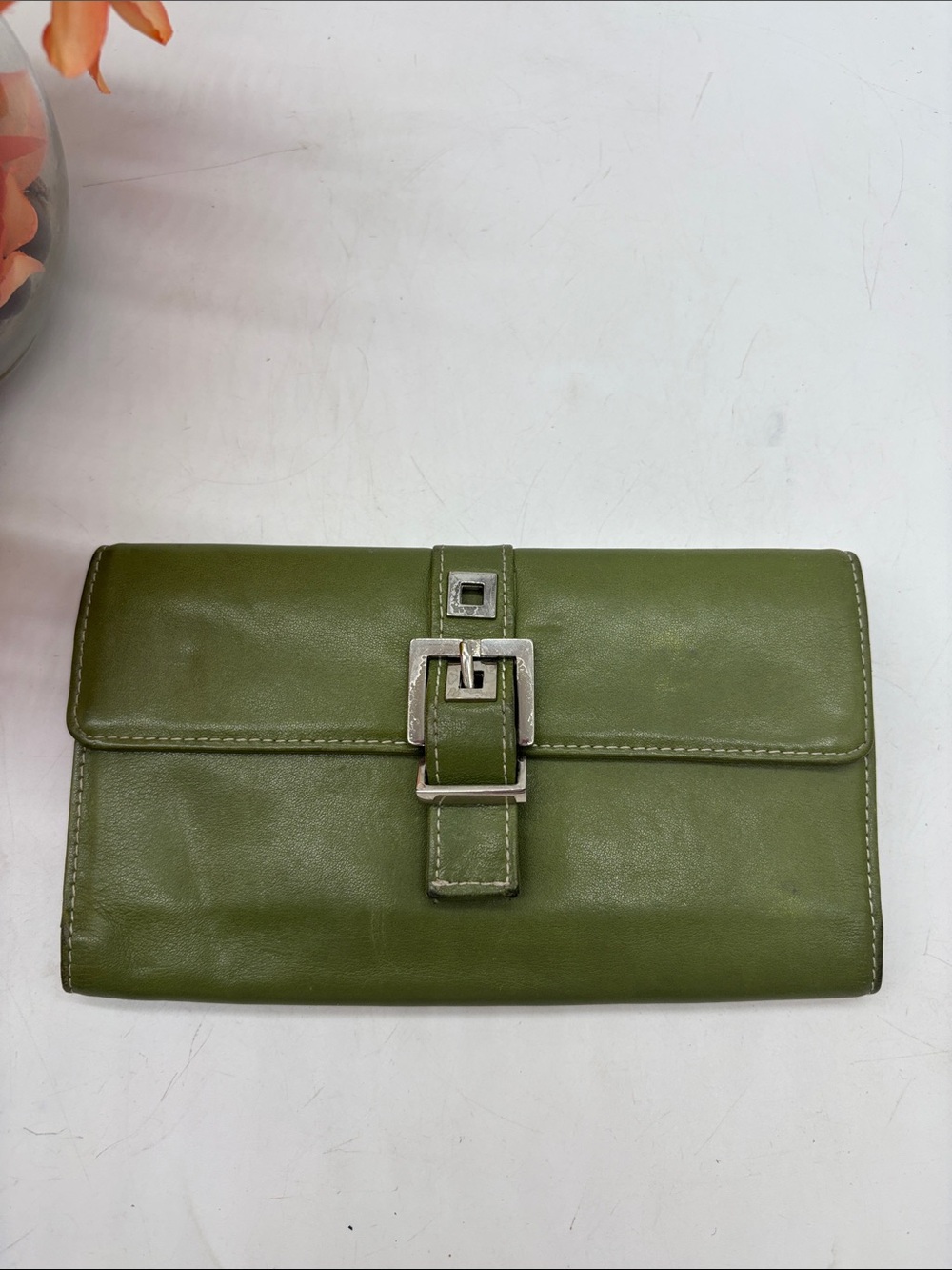 Perlina Olive Green Leather Clutch with Silver Buckle